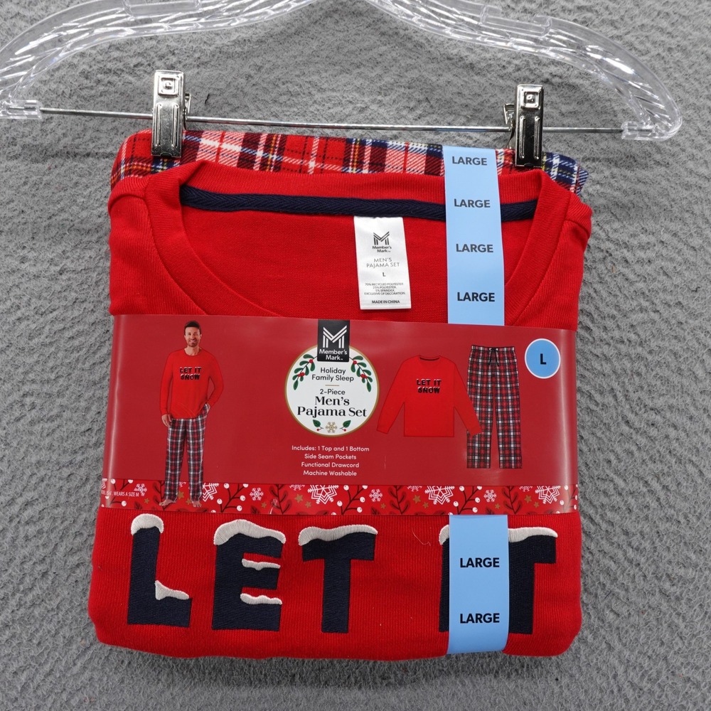 Members Mark Mens‎ Large Red Let It Snow Pajama Set Holiday NEW Plaid